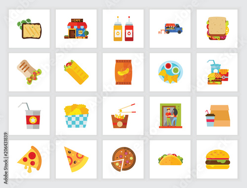 Takeaway food concept. Flat icon set. Food delivery, fast food, snack. Can be used for topics like restaurant, service, unhealthy eating