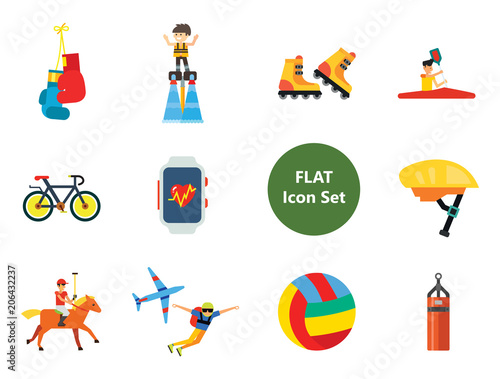 Active Sport Icon Set. Volleyball Tennis Racket Punchbag Horseracing Parachute Jump Flyboard Smartwatch Bicycle Helmet Boxing Gloves Canoeing Rollerblading Jet Skiing