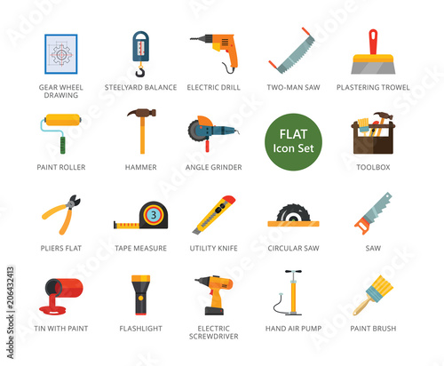 Construction tools icons set. Twenty two multicolored flat icons