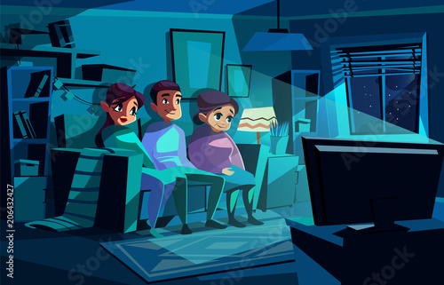 Family watching night TV vector illustration of couple man and woman sitting on sofa or chair in living room. Cartoon mother and father together with grandmother watch evening television