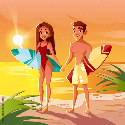 Surfers in Hawaii vector illustration of boy and girl couple with surfboards at ocean beach sunset. Young man and woman holding by hands on summer background