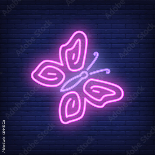 Butterfly neon sign. Glowing beautiful insect on dark brick wall background. Night bright advertisement. Vector illustration in neon style for sex shop or clothing store