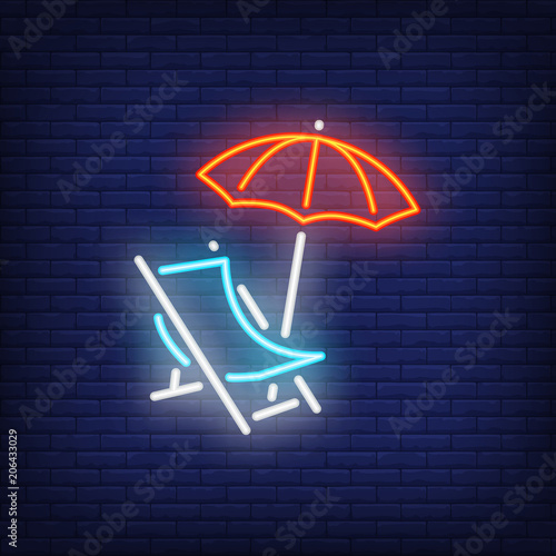 Chaise-lounge neon sign. Beach chair and umbrella on dark brick wall background. Night bright advertisement. Vector illustration in neon style for travel agency or vacation