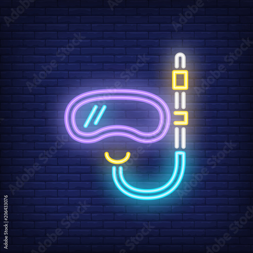 Diving mask neon sign. Equipment for snorkeling on dark brick wall background. Night bright advertisement. Vector illustration in neon style for sport shop or diving center