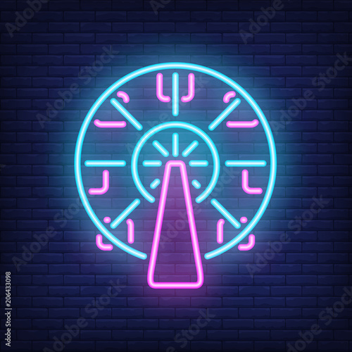 Ferris wheel neon sign. Amusement park carousel on dark brick wall background. Night bright advertisement. Vector illustration in neon style for entertainment or festival