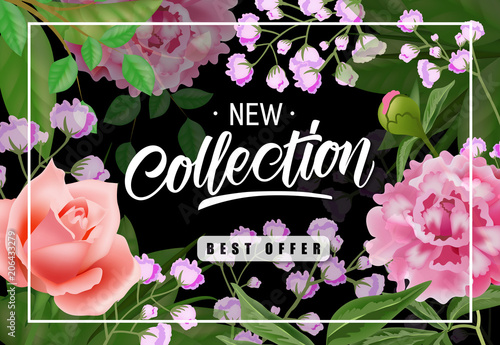 New collection best offer lettering in frame with flowers. Summer offer or sale advertising design. Handwritten and typed text, calligraphy. For leaflet, brochure, invitation, poster or banner.