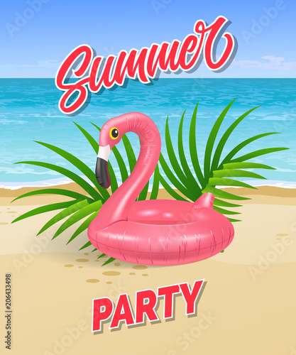 Summer party lettering with sea beach and swimming ring in shape of flamingo. Summer offer or sale advertising design. Handwritten and typed text, calligraphy. For brochure, poster or banner.