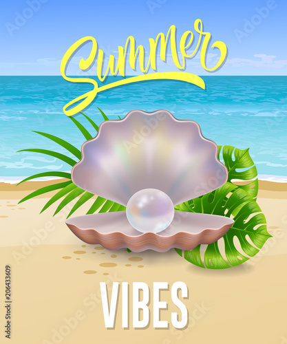 Summer vibes lettering with sea beach and pearl in shell. Summer offer or sale advertising design. Handwritten and typed text, calligraphy. For brochure, invitation, poster or banner.