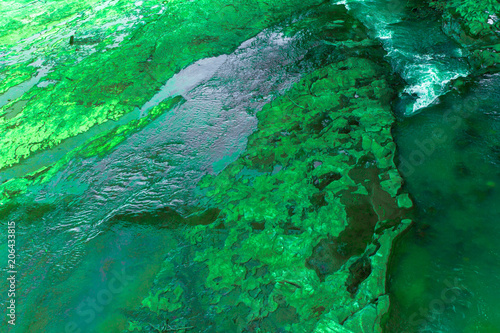 Flowing water with the reflection of the blue sky  green moss top view