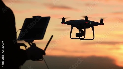 Drone flying at sunset. Slow motion