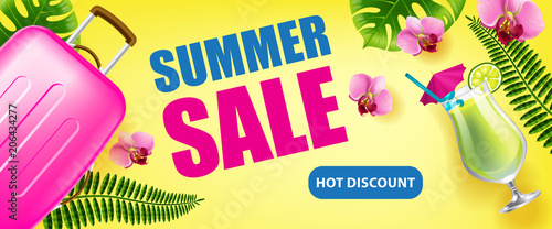 Summer sale, hot discount banner design with tropical leaves, flowers, cold drink and travel case on yellow background. Typed text can be used for flyers, labels, posters.