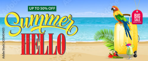 Up to fifty percent off, big sale summer banner design. Fresh cocktail, red flower, yellow travel case, parrot and sand beach. Text can be used for coupons, voucher, posters.