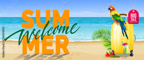 Welcome summer, big sale banner design. Cold drink, red flower, yellow travel case, parrot, ocean, beach. Text can be used for labels, flyers, posters