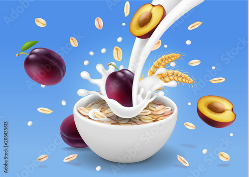 Purple plum in yogurt bowl and oatmeal in milk flow