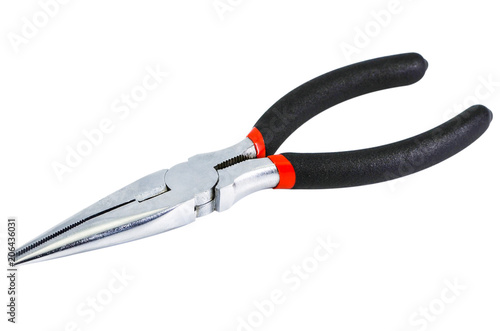 Isolated chrome needle nose pliers with black and red rubber grips,clipping path