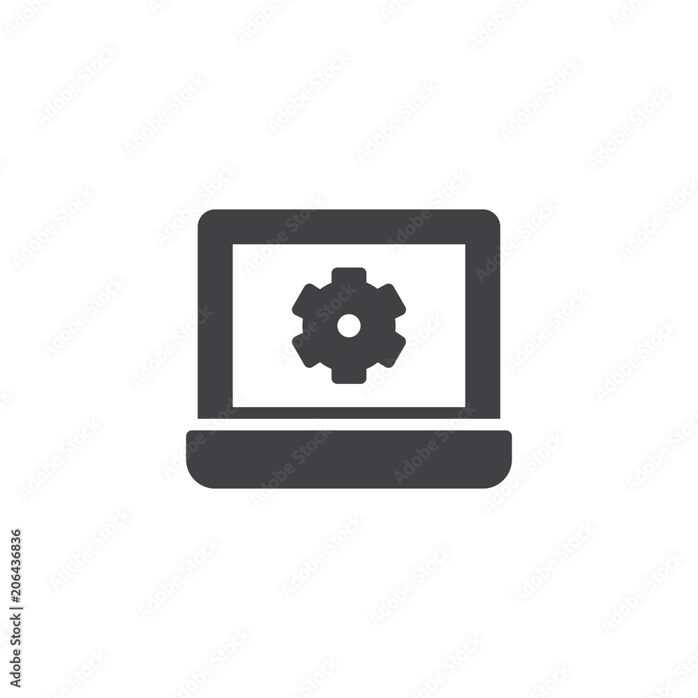 Computer settings vector icon. filled flat sign for mobile concept and web design. Laptop with gear simple solid icon. Symbol, logo illustration. Pixel perfect vector graphics Computer settings vector icon. filled flat sign for mobile concept and web design. Laptop with gear simple solid icon. Symbol, logo illustration. Pixel perfect vector graphics