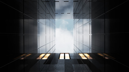Low angle view of generic modern office skyscrapers ,high rise buildings with abstract geometry glass and cement facades . Concepts of finances and economics background. 3d rendering .