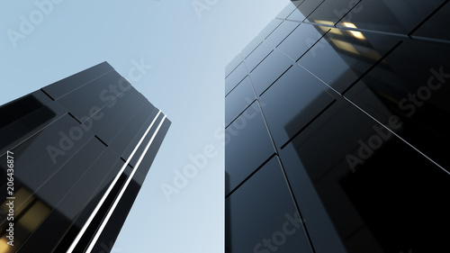 Low angle view of generic modern office skyscrapers  high rise buildings with abstract geometry glass facades . Concepts of finances and economics background. 3d rendering .