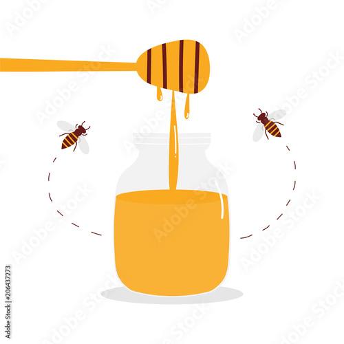 Cute cartoon vector illustration with liquid honey in glass jar with dipper and small honey bees flying around.