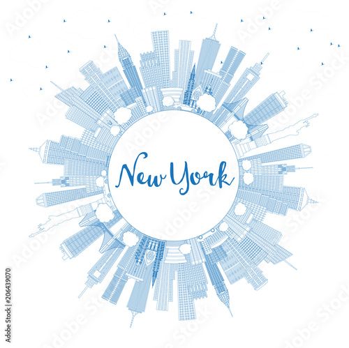 Photography Outline New York USA City Skyline with Blue Buildings and Copy Space