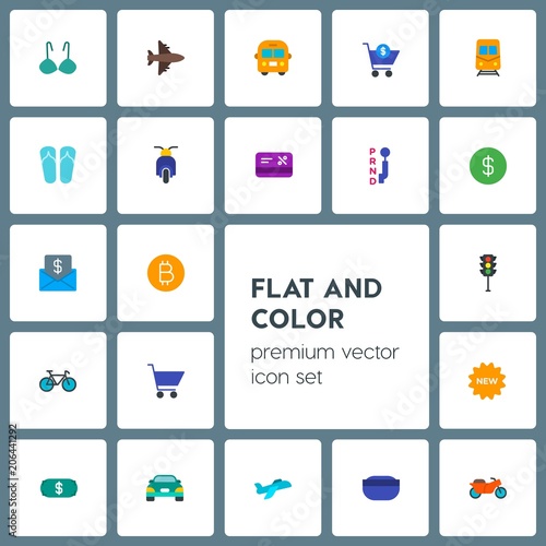 Modern Simple Set of transports, clothes, money, shopping Vector flat Icons. Contains such Icons as trolley, tag, element, fashion, bra and more on grey background. Fully Editable. Pixel Perfect