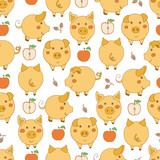 Seamless pattern with cartoon yellow pigs, red apples and acorns on white background.