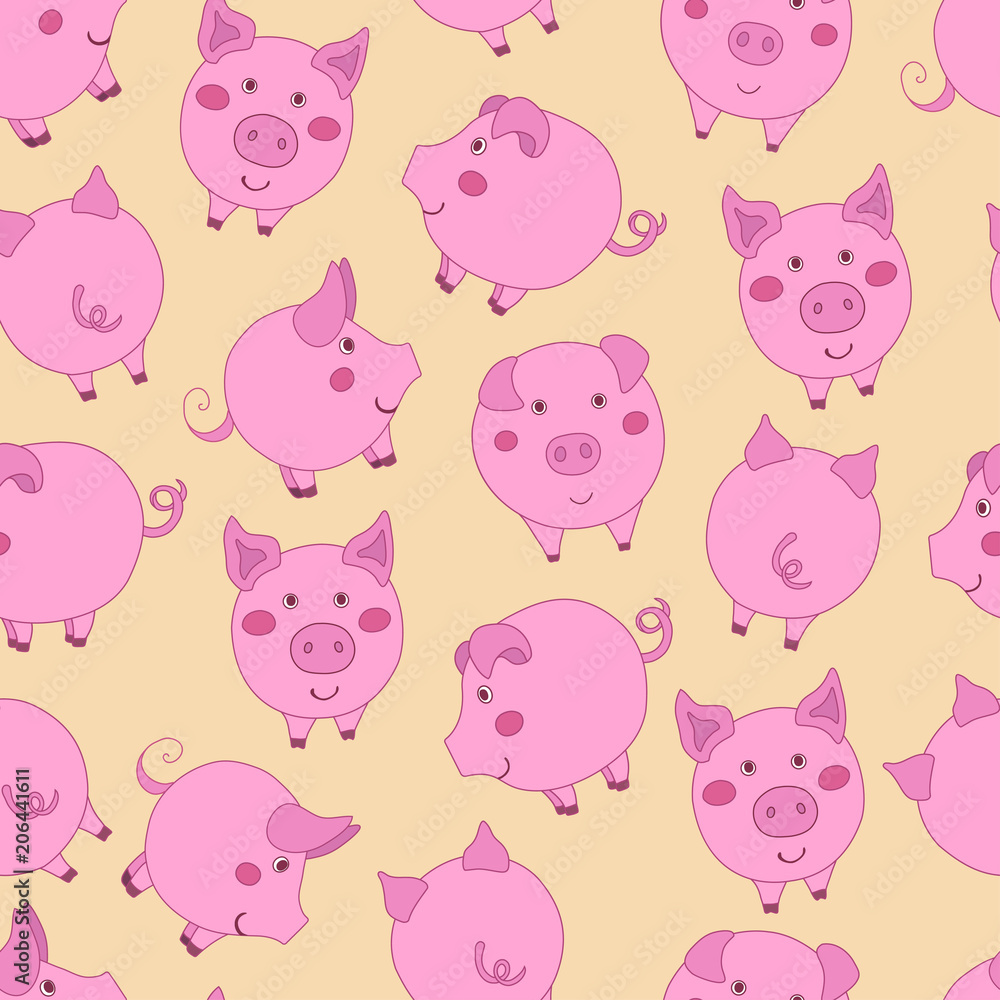 Seamless pattern with cute cartoon pink pigs on yellow background.