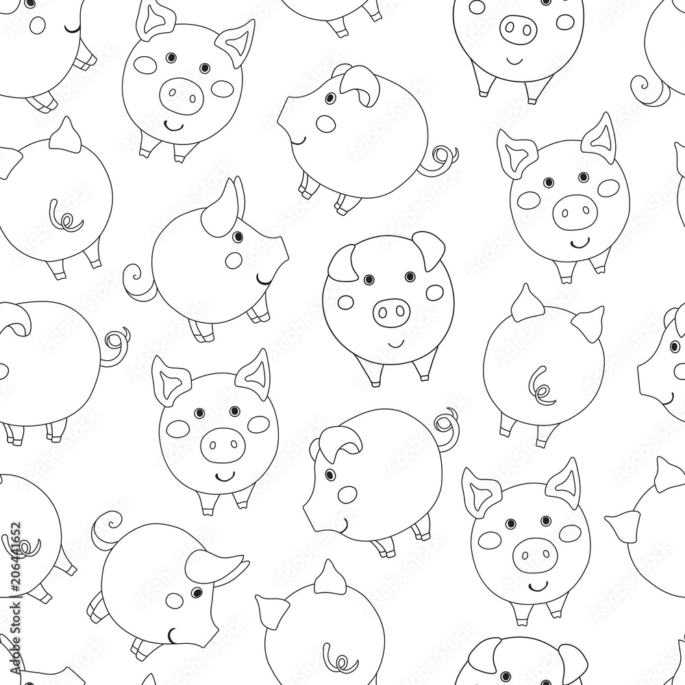 Seamless pattern with cute cartoon contour pigs on white background.