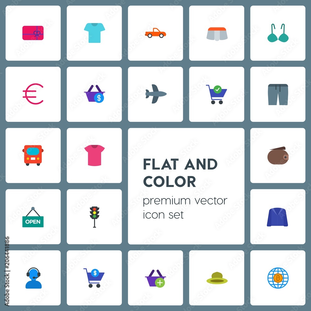 Modern Simple Set of transports, clothes, money, shopping Vector flat Icons. Contains such Icons as  transport,  object, basket,  shorts, hat and more on grey background. Fully Editable. Pixel Perfect