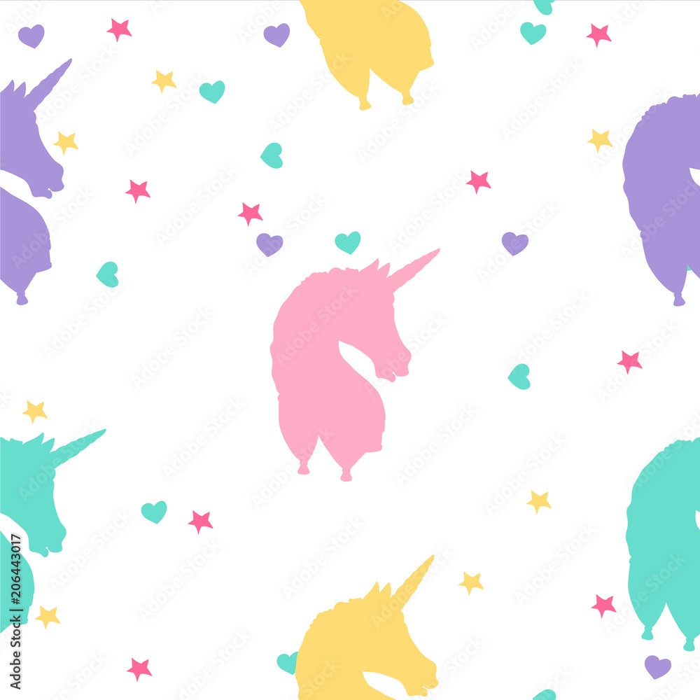 Hand drawn colorful unicorn seamless pattern with stars and hearts. Isolated vector on a white background. Cute magic fantasy wallpaper.