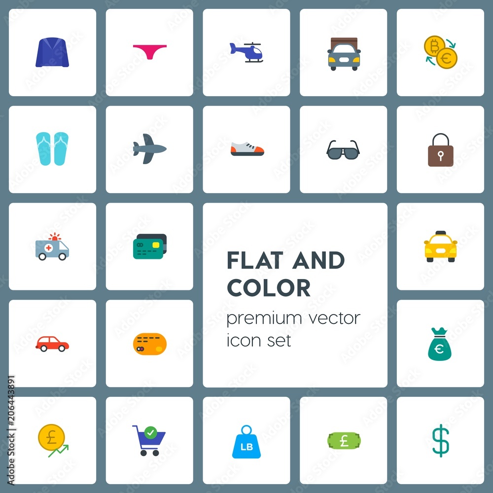 Modern Simple Set of transports, clothes, money, shopping Vector flat Icons. Contains such Icons as currency,  wear,  female, copter, finance and more on grey background. Fully Editable. Pixel Perfect