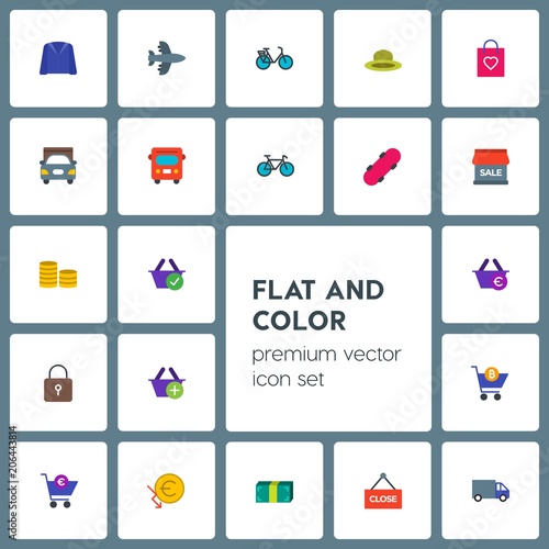Modern Simple Set of transports, clothes, money, shopping Vector flat Icons. Contains such Icons as retail, cargo, sale, buy, jacket, air and more on grey background. Fully Editable. Pixel Perfect