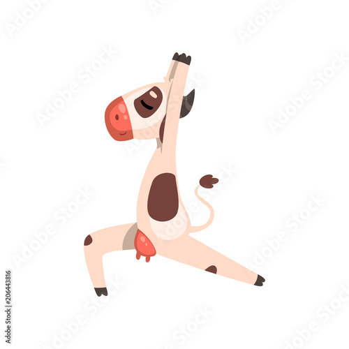 Cow practicing yoga, funny farm animal cartoon character doing sports vector Illustration on a white background