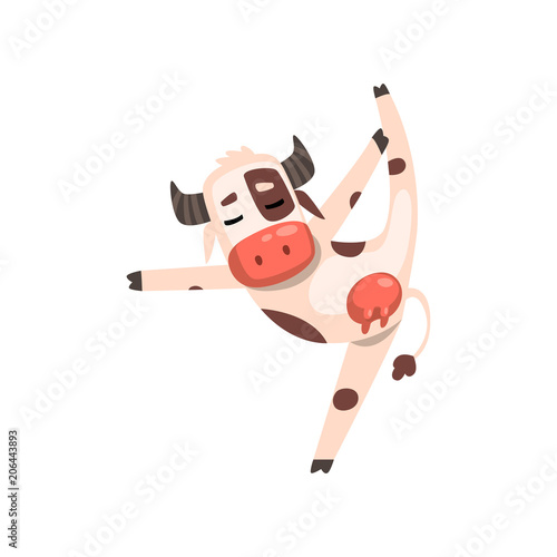 Funny cow farm animal cartoon character doing physical exercise vector Illustration on a white background