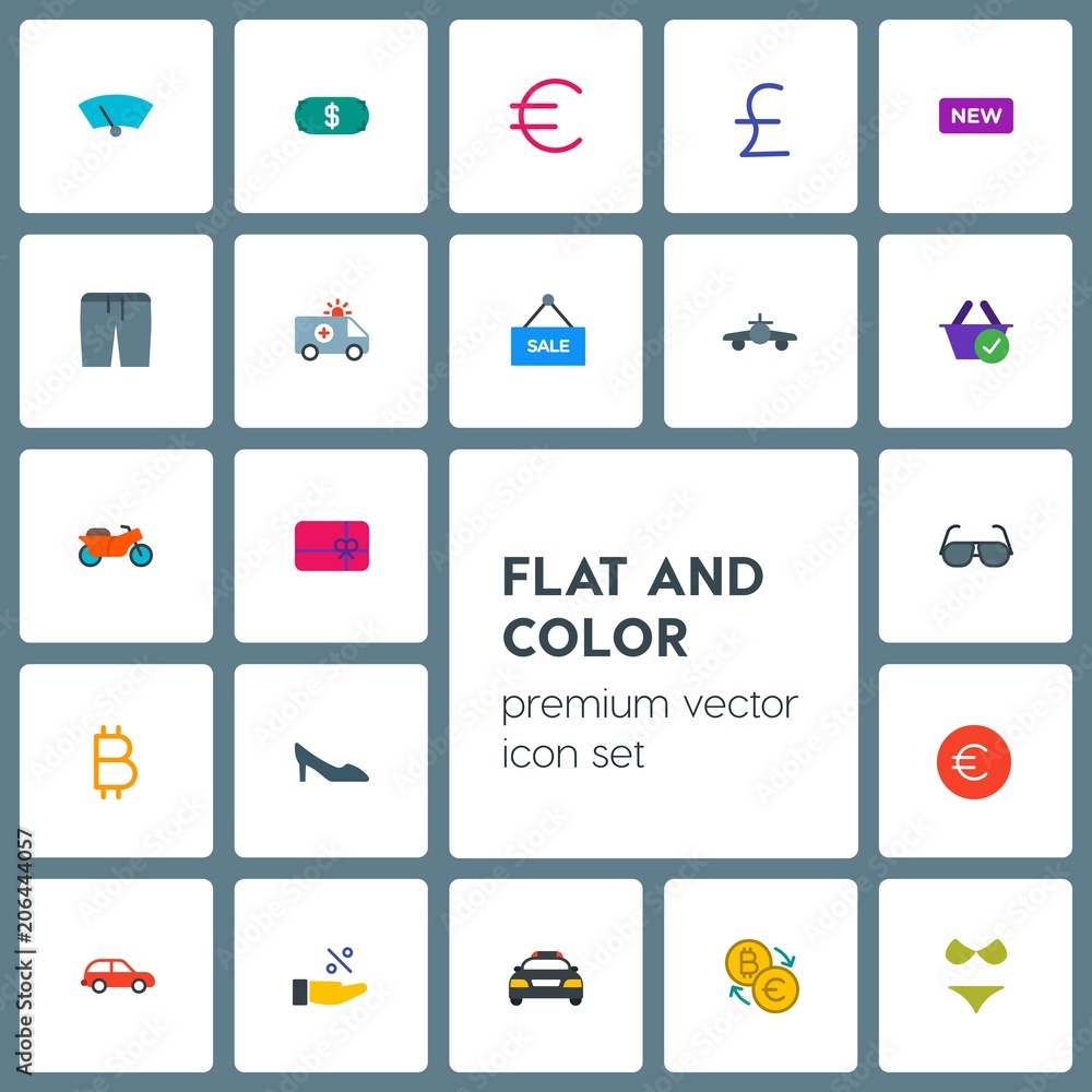 Modern Simple Set of transports, clothes, money, shopping Vector flat Icons. Contains such Icons as  buy, label,  vacation,  offer,  bikini and more on grey background. Fully Editable. Pixel Perfect