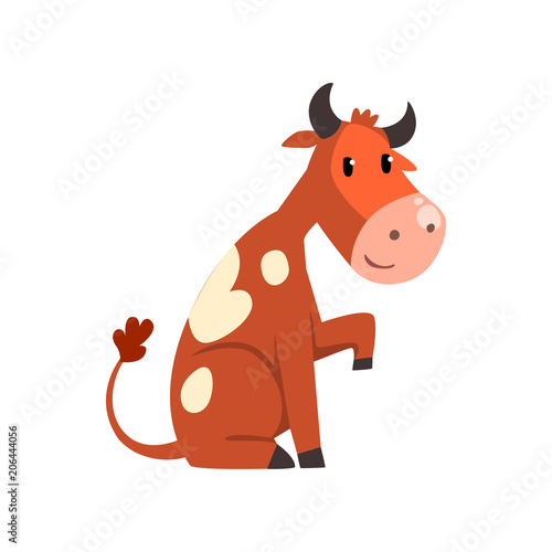 Cute friendly brown spotted cow cartoon character sitting on the ground vector Illustration on a white background