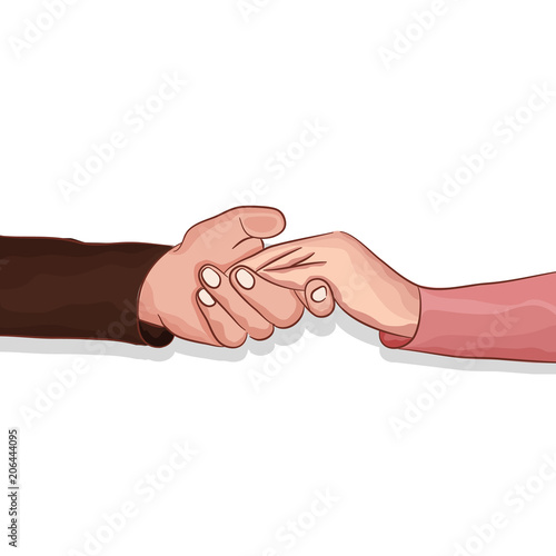 Lovers making clasping hands to share comfort feeling, vector illustration ink drawing style.