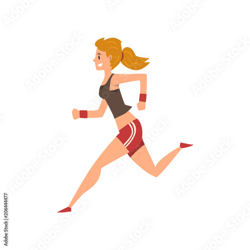 Young woman running in sportswear, active healthy lifestyle concept cartoon vector Illustration on a white background