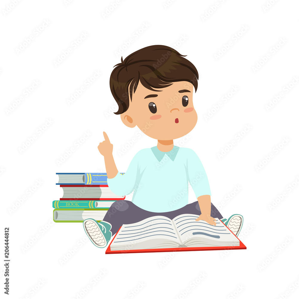Cute smart little boy character sitting on the floor and reading a book vector Illustration on a white background Cute smart little boy character sitting on the floor and reading a book vector Illustration on a white background