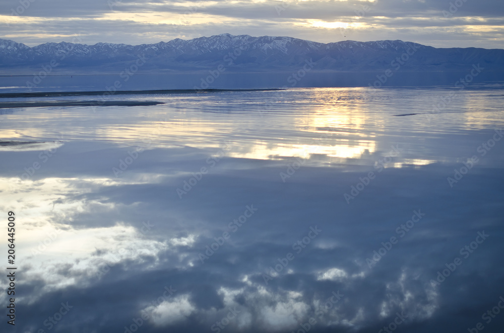 The mirror reflection of the sunset at the great salt lake