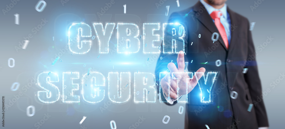 Businessman using cyber security text hologram 3D rendering Businessman using cyber security text hologram 3D rendering