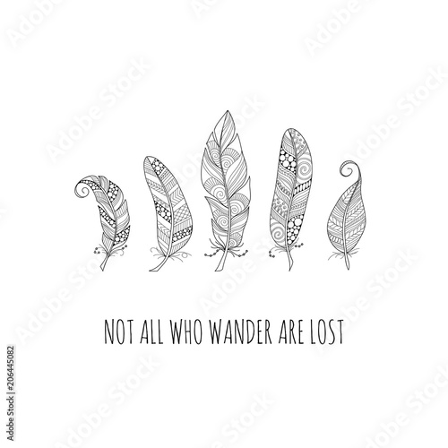 Doodle feathers with the words not all who wander are lost on a white background, vector illustration