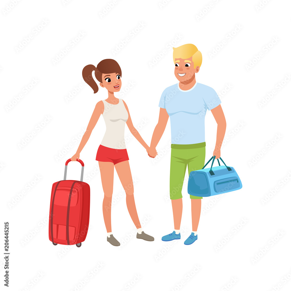 Young couple with travel bags, people traveling together during summer vacation vector Illustration on a white background Young couple with travel bags, people traveling together during summer vacation vector Illustration on a white background