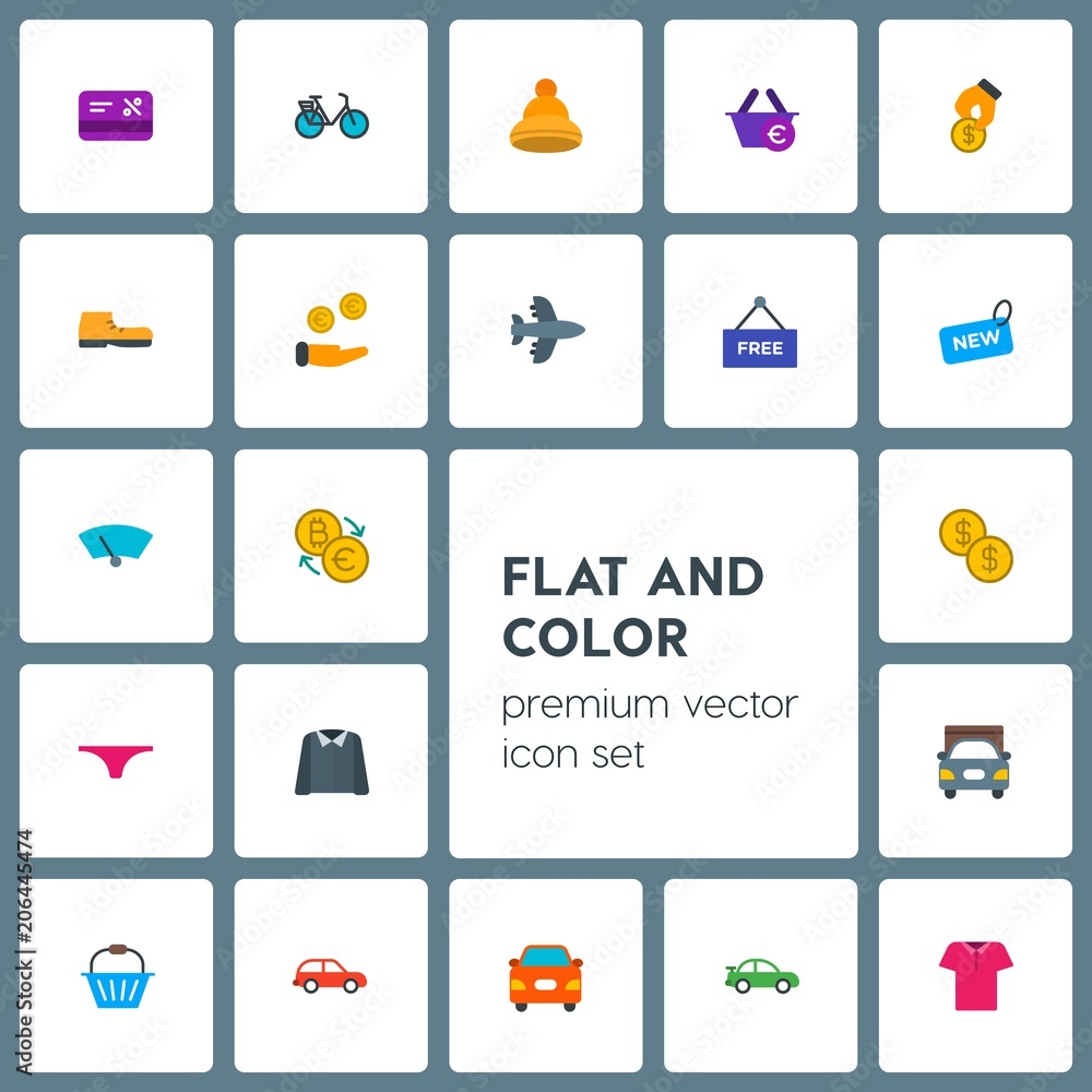 Modern Simple Set of transports, clothes, money, shopping Vector flat Icons. Contains such Icons as  sport,  cargo, money,  woman,  hatchback and more on grey background. Fully Editable. Pixel Perfect