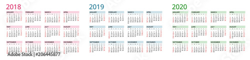 Simple Calendar template for 2018, 2019 and 2020. Week starts from Sunday. Flat style color vector illustration. Yearly calendar template. Portrait Orientation. Set of 12 Months.