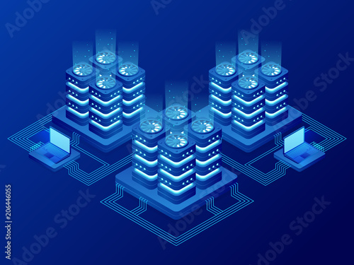 Isometric Database Network Management. Big Data processing, energy station of future. IT Technician Turning Server. Cloud service. Digital information. Vector illustration.