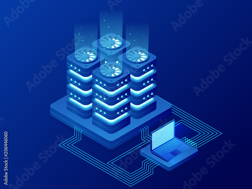 Isometric Database Network Management. Big Data processing, energy station of future. IT Technician Turning Server. Cloud service. Digital information. Vector illustration.