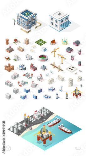 Set of Isolated High Quality Isometric City Elements on White Background