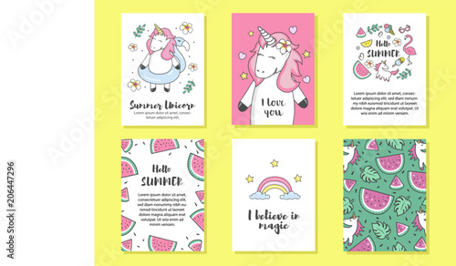 Set cards with unicorns. Poster, postcard, label for printing. Greeting cards with unicorns, hand written text. Summer collection. Set of summer icons and design elements. 