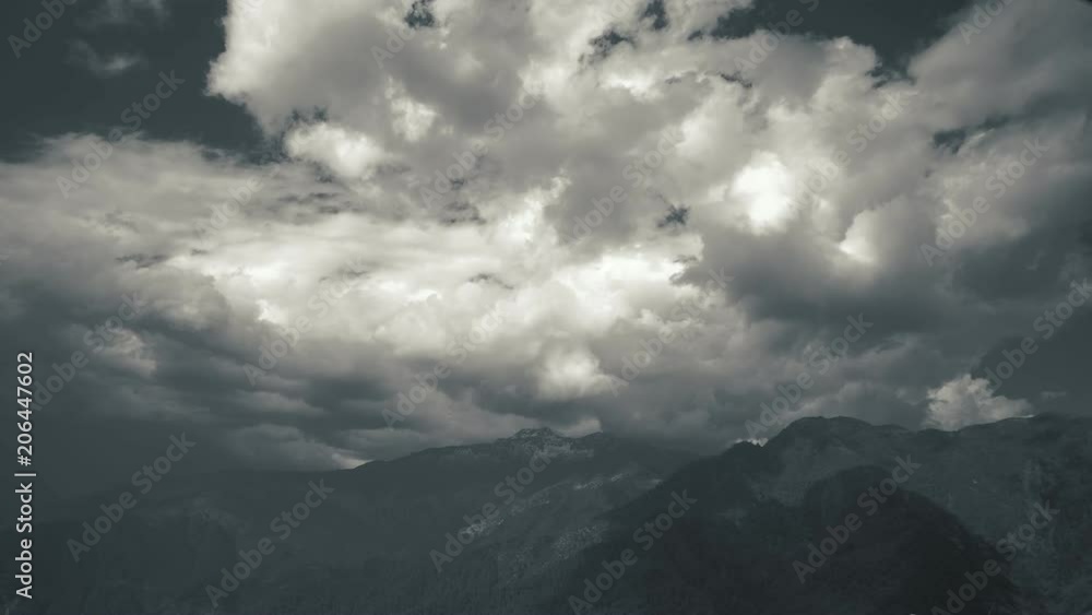 Bird Flying Pass the Frame with Big Cloud on the Sky with Mountain Landscape in black and white tone